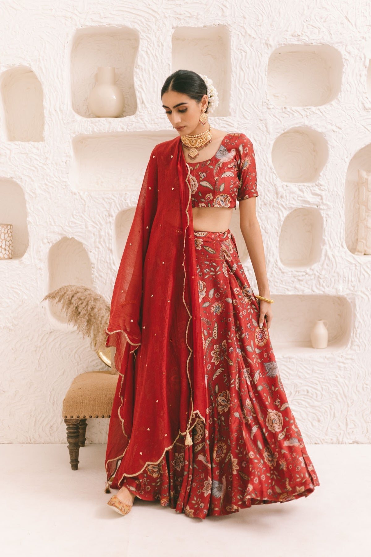 Deep Red Floral print Lehenga with Floral print Blouse and Dupatta - set of 3