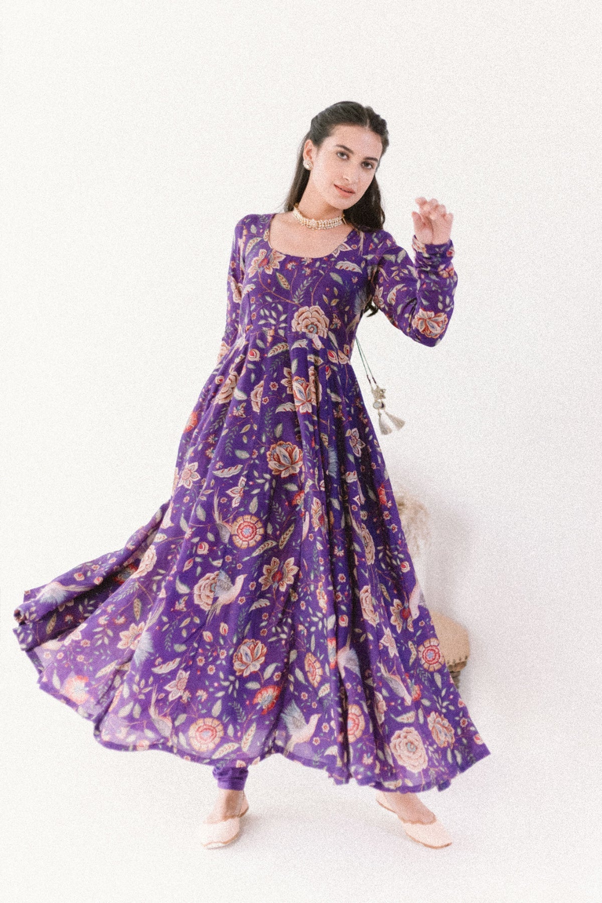 Purple printed Anarkali with Chooridar and Dupatta- set of 3