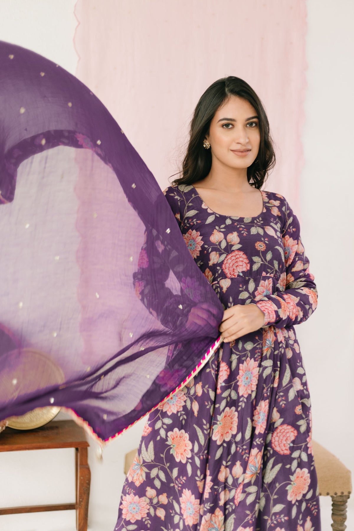 Purple printed Anarkali with Chooridar and Dupatta- set of 3