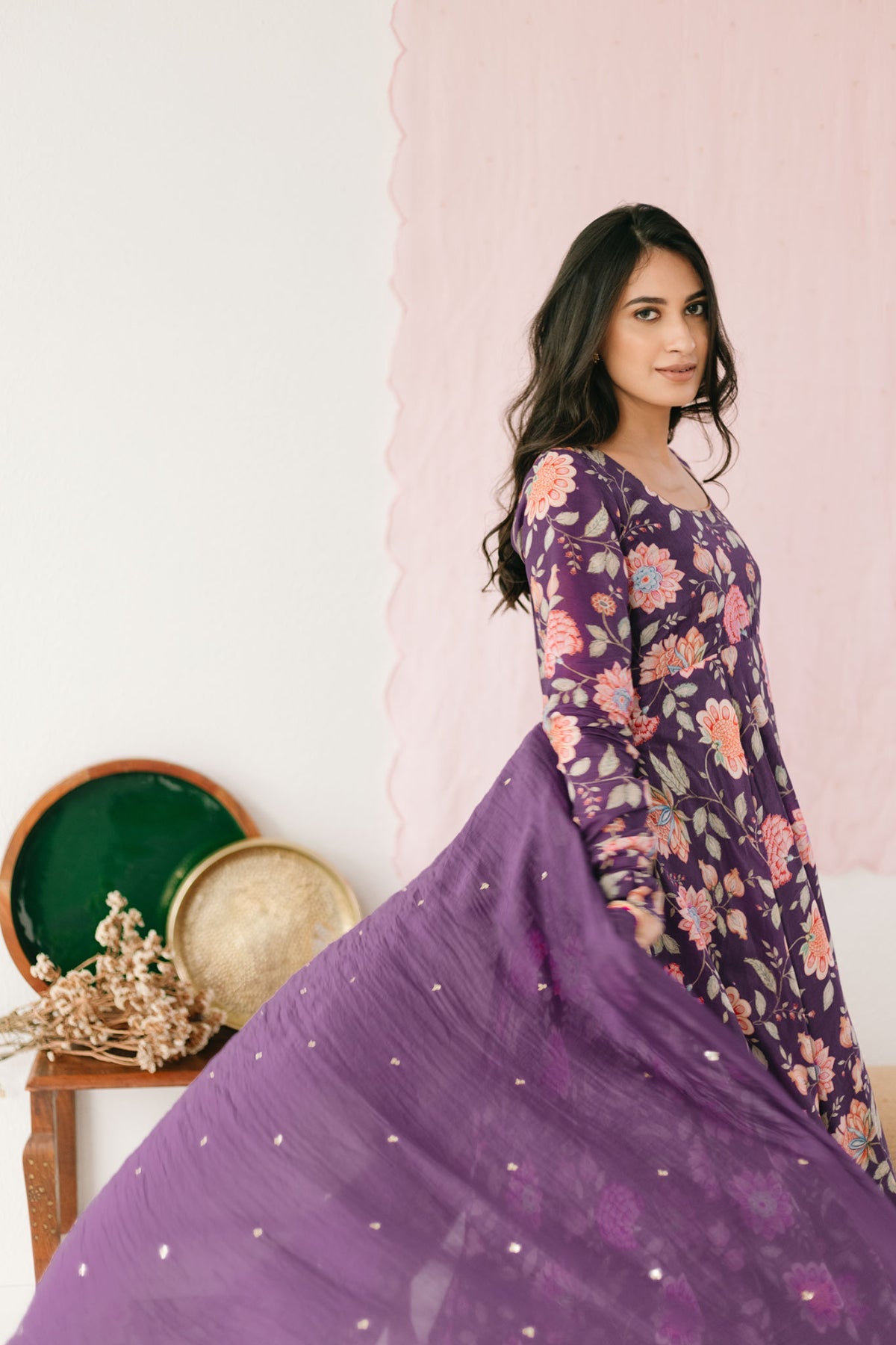 Purple printed Anarkali with Chooridar and Dupatta- set of 3