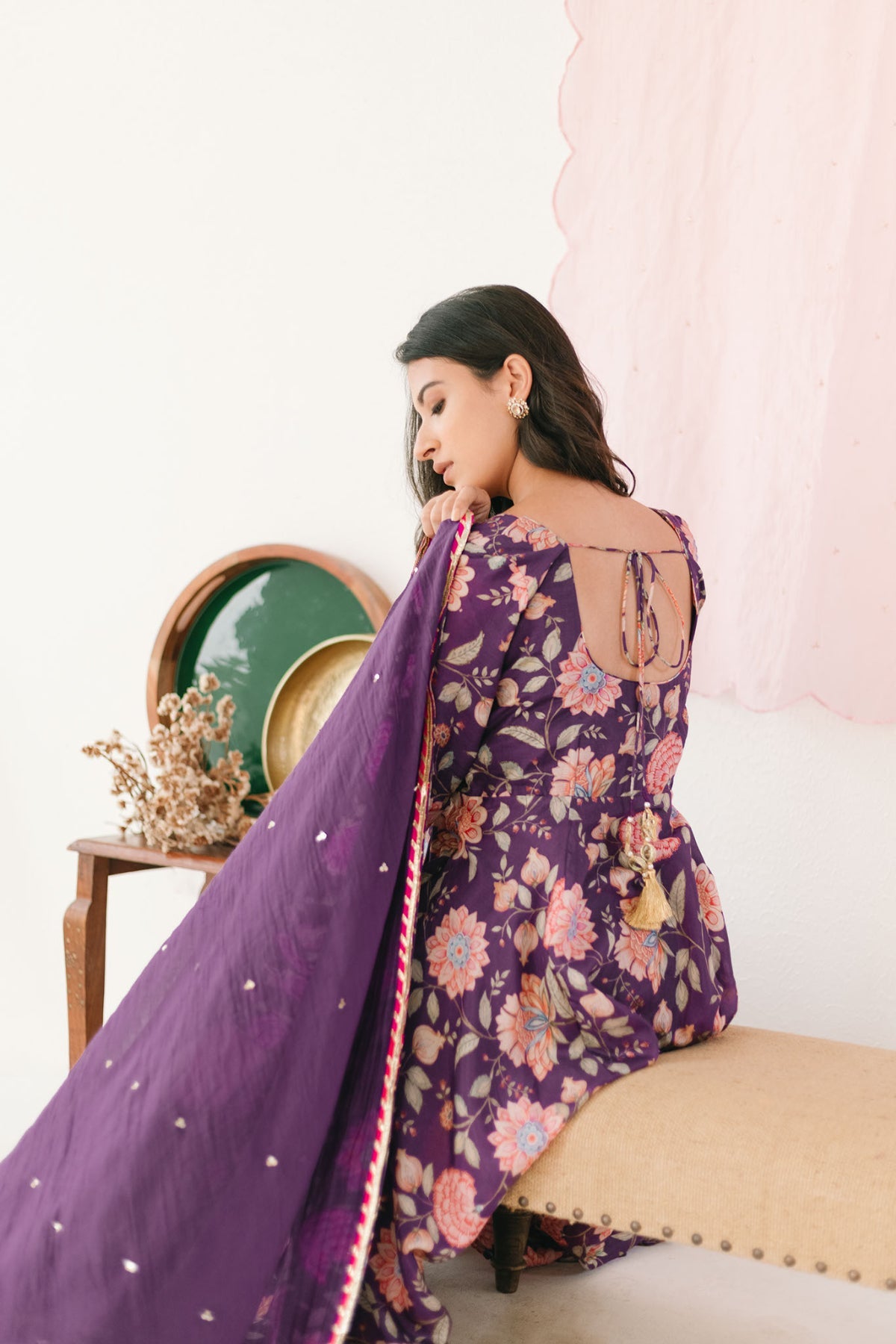 Purple printed Anarkali with Chooridar and Dupatta- set of 3