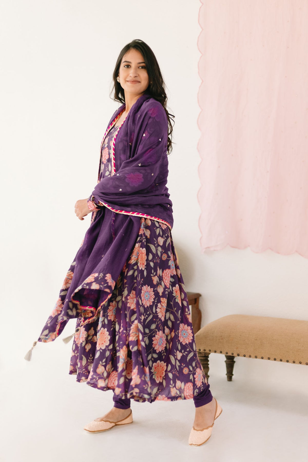 Purple printed Anarkali with Chooridar and Dupatta- set of 3