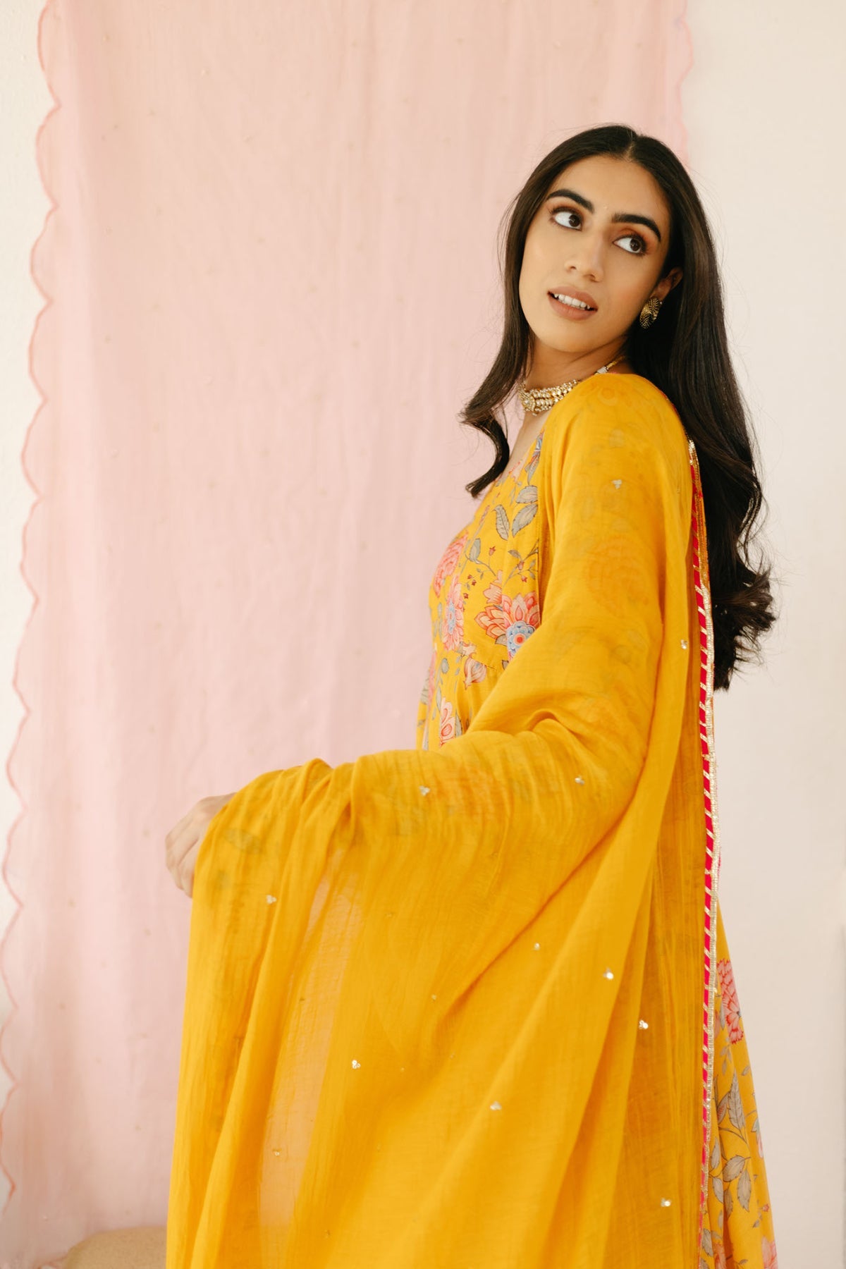 Bright Yellow printed Anarkali with Chooridar and Dupatta- set of 3