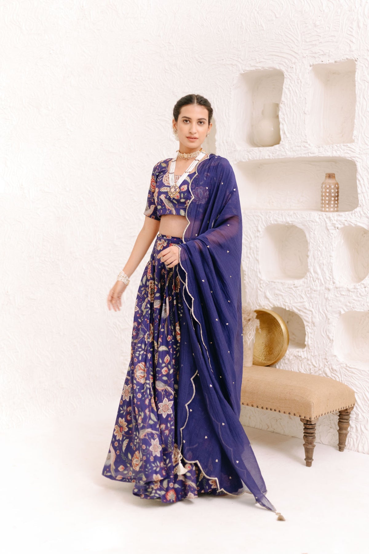 Moroccon Blue Floral print Lehenga with Floral print Blouse and Dupatta - set of 3