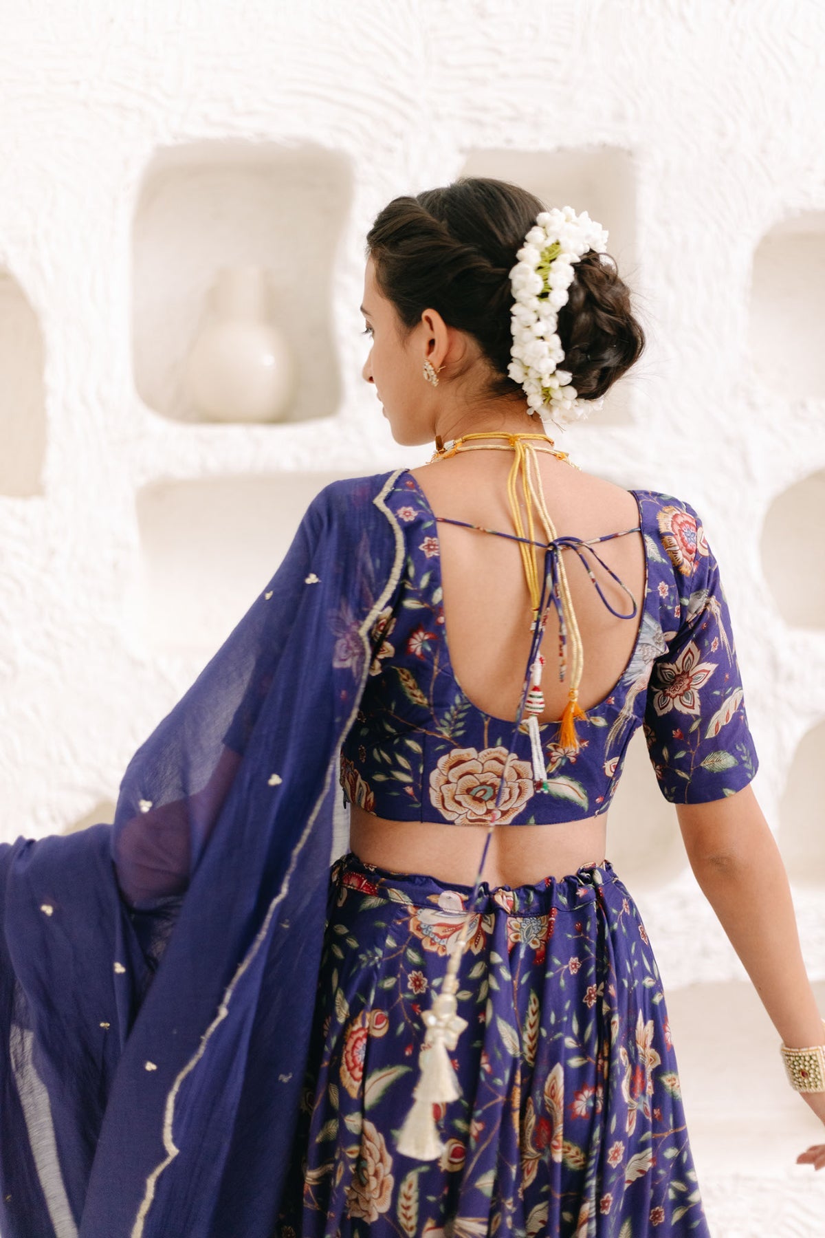 Moroccon Blue Floral print Lehenga with Floral print Blouse and Dupatta - set of 3