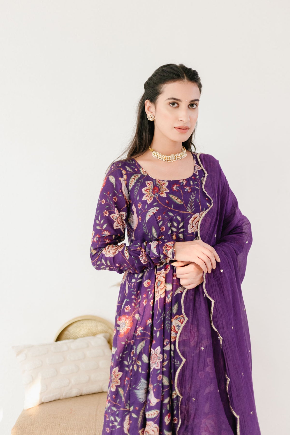 Purple printed Anarkali with Chooridar and Dupatta- set of 3
