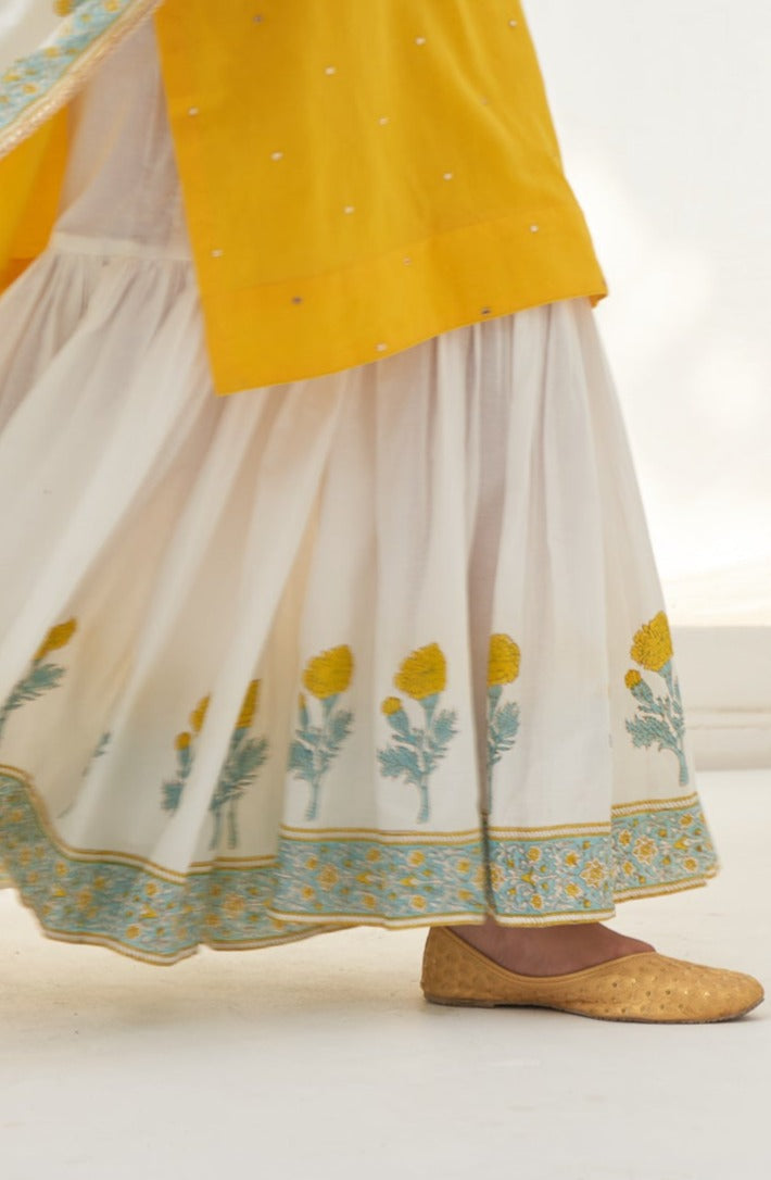 Yellow Mukaish Cotton Kurta With Marigold Block Printed Sharara- Set Of 3