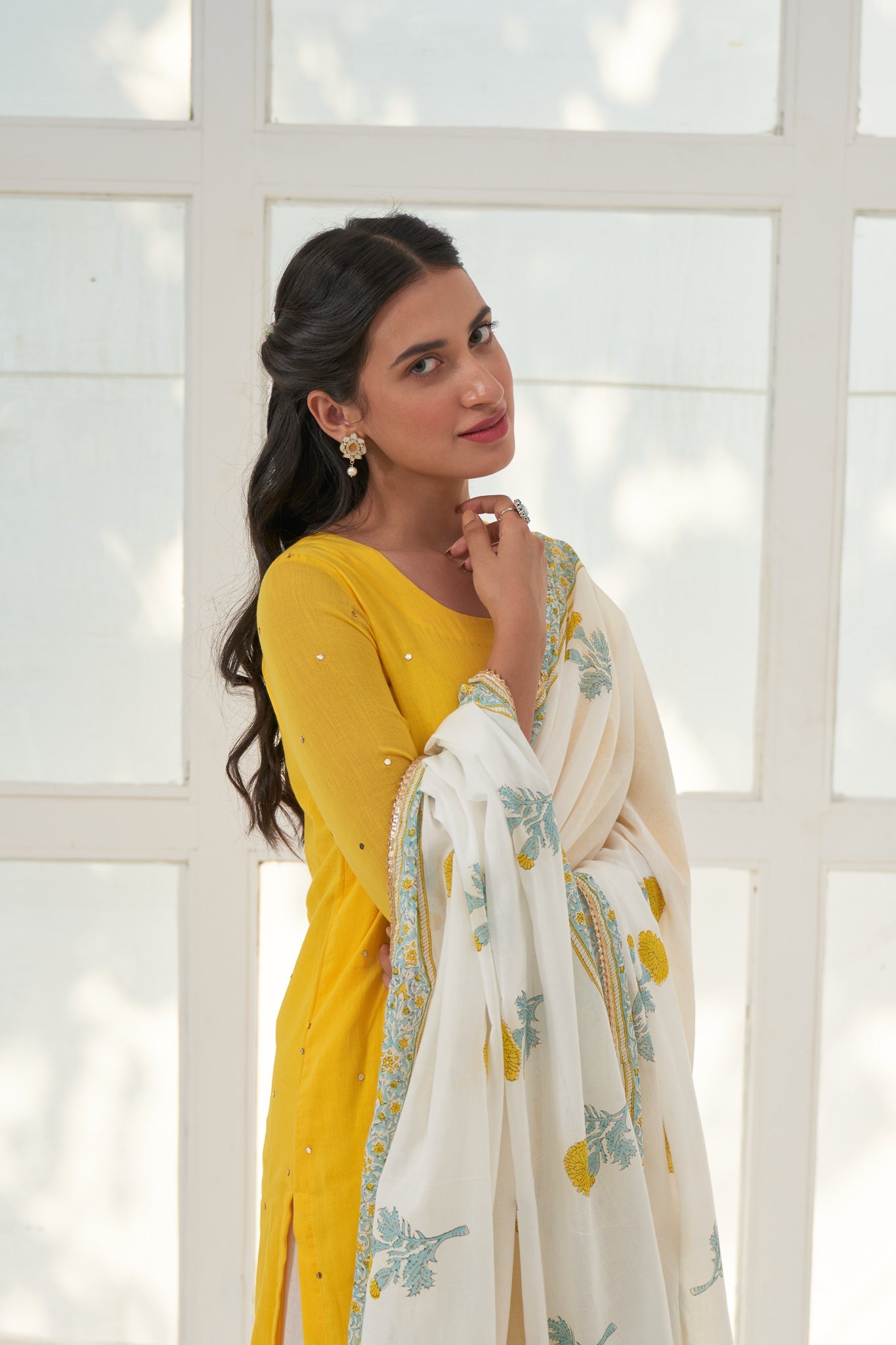 Yellow Mukaish Cotton Kurta With Marigold Block Printed Sharara- Set Of 3