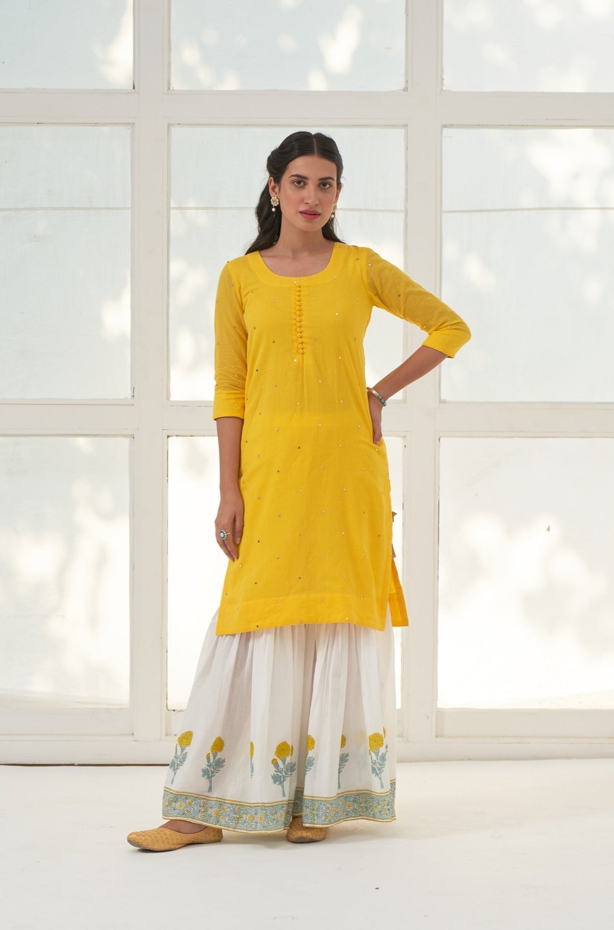 Yellow Mukaish Cotton Kurta With Marigold Block Printed Sharara- Set Of 3