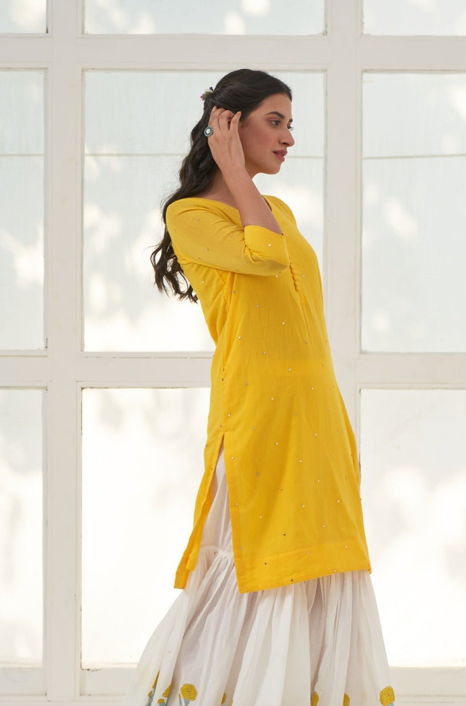 Yellow Mukaish Cotton Kurta With Marigold Block Printed Sharara- Set Of 3