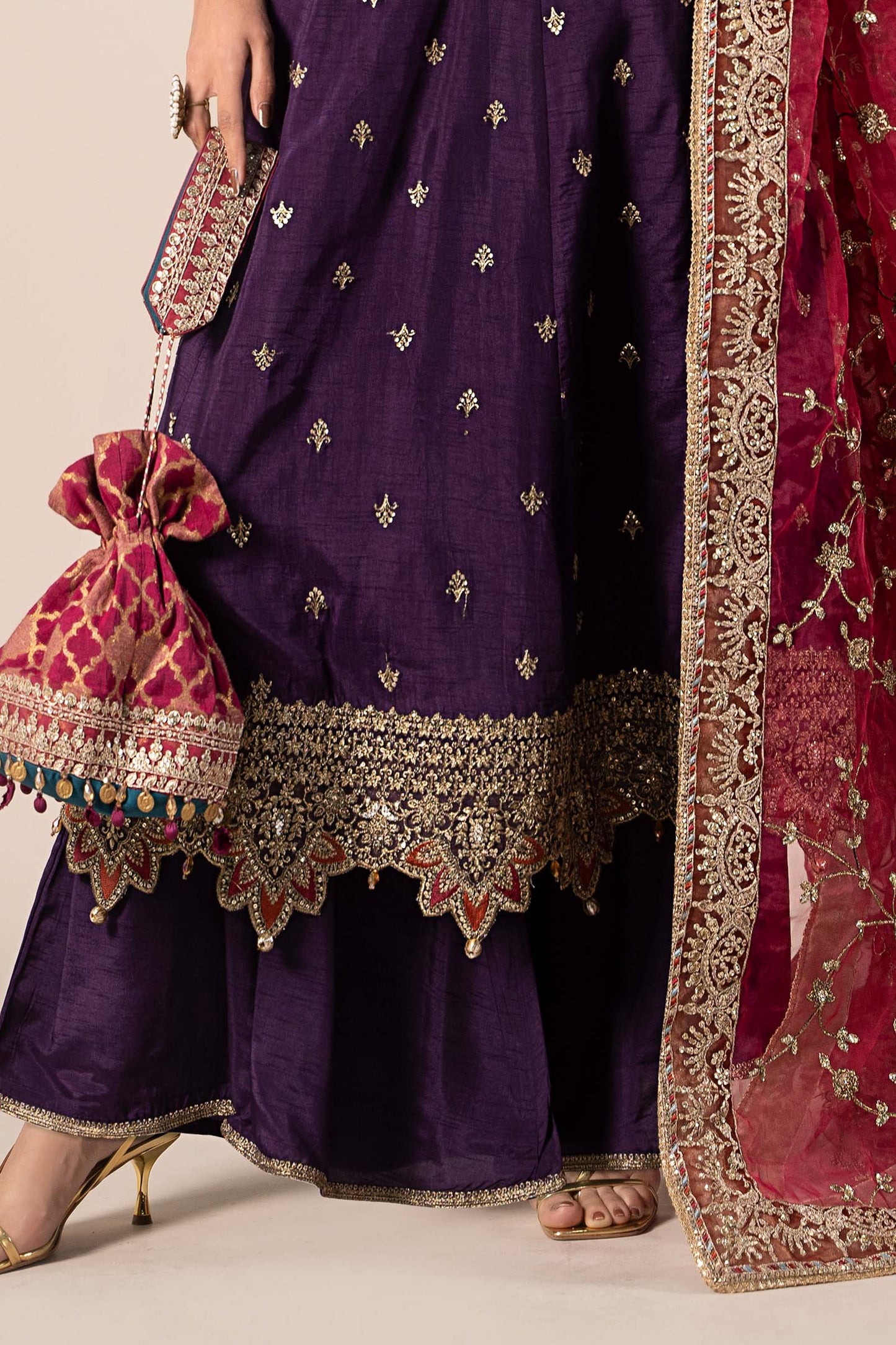 3 Piece Embroidered Raw Silk Suit