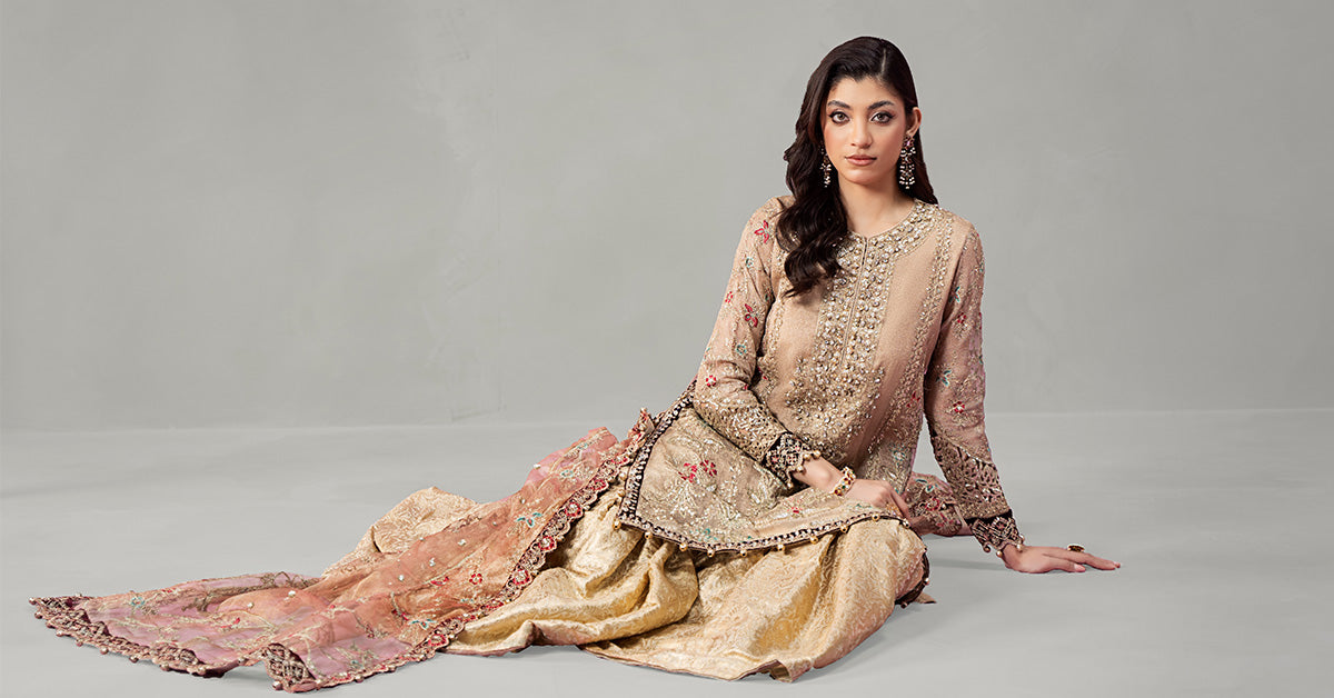 3 Piece Embroidered Zari Net Suit
