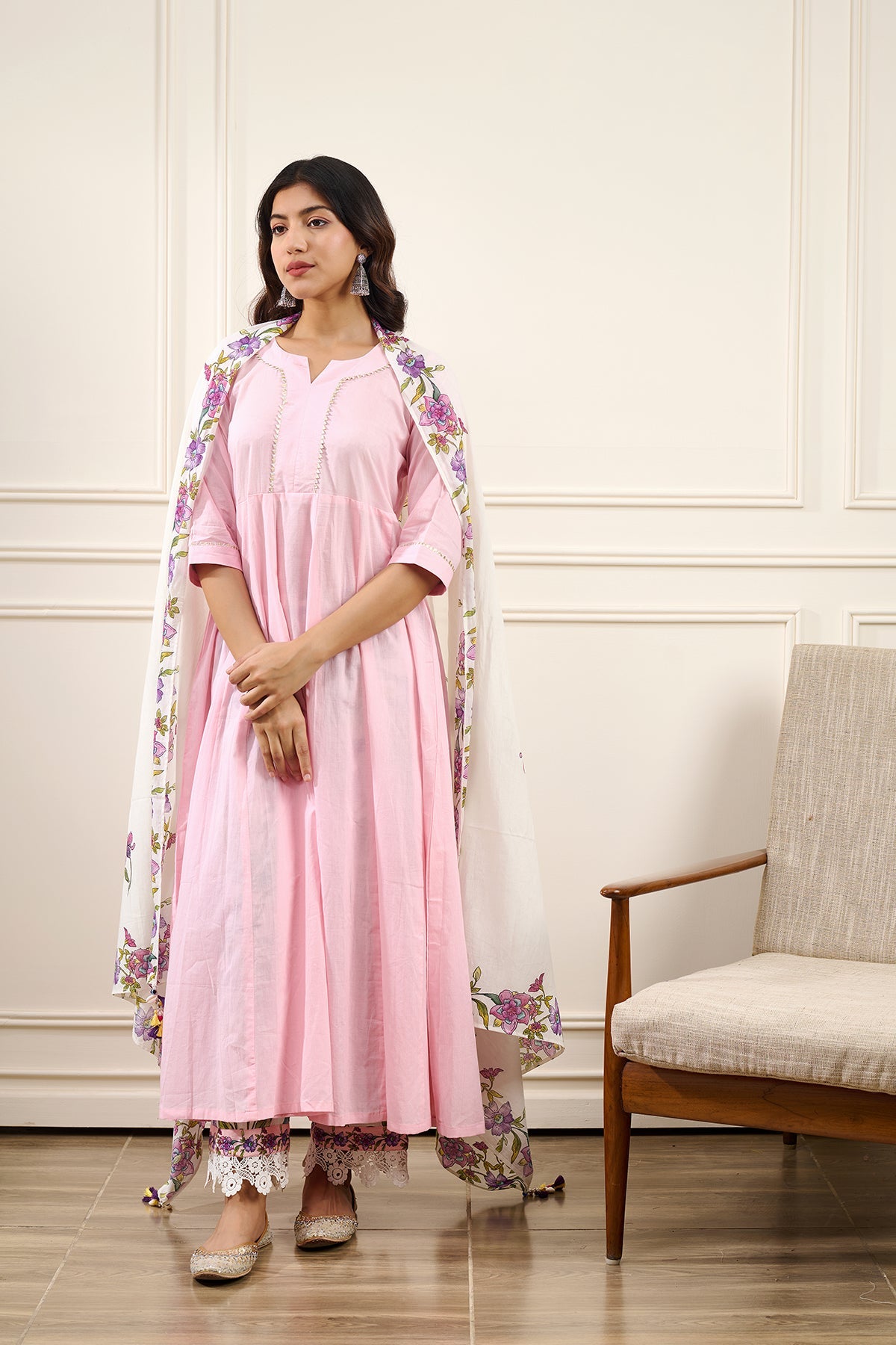 Gul Pink Cotton Kalidar Gota Kurta with Off White Hand Block Printed Palazzo and Mulmul Dupatta- Set of 3