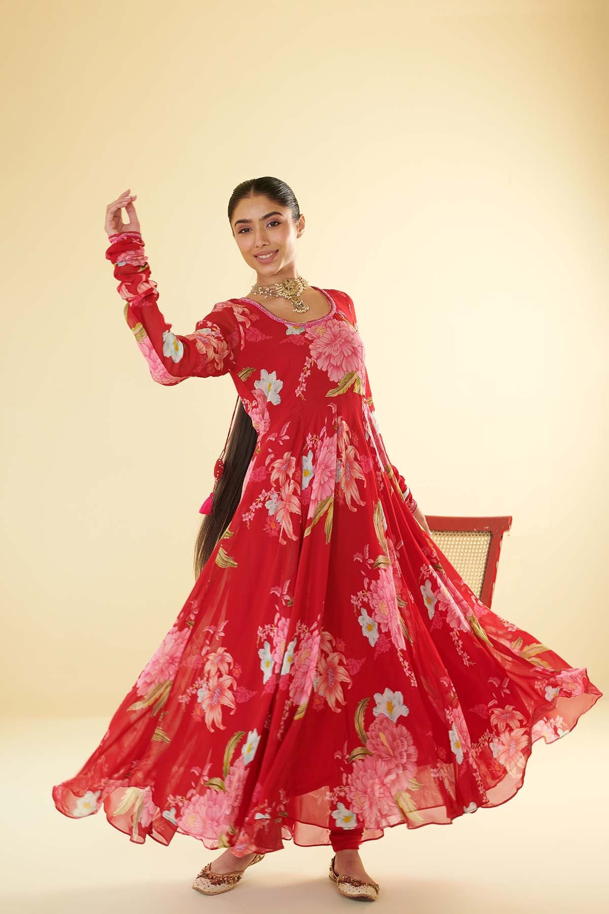 Floral Fiesta Red printed Anarkali with Chooridar and Dupatta- Set of 3