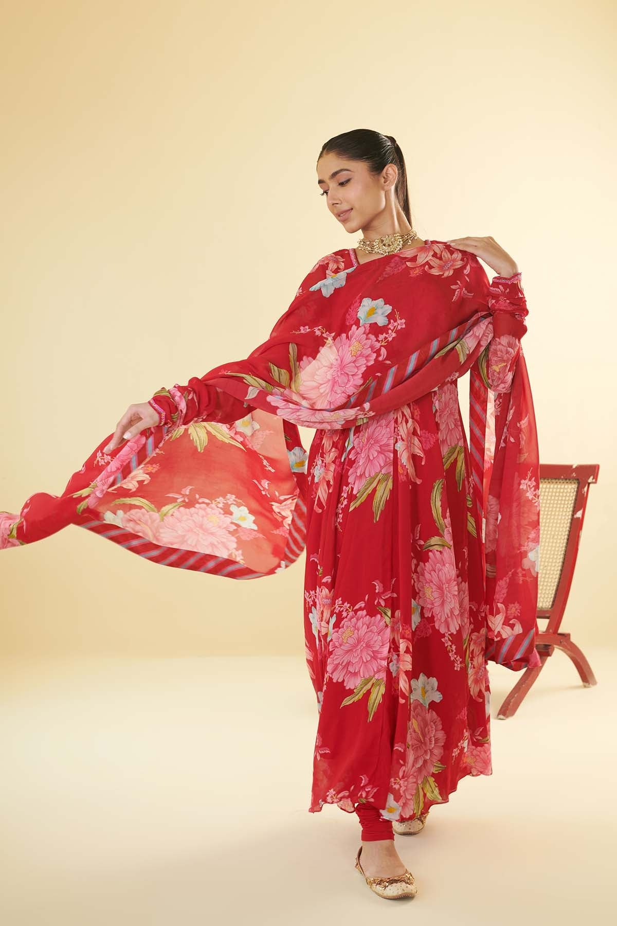 Floral Fiesta Red printed Anarkali with Chooridar and Dupatta- Set of 3