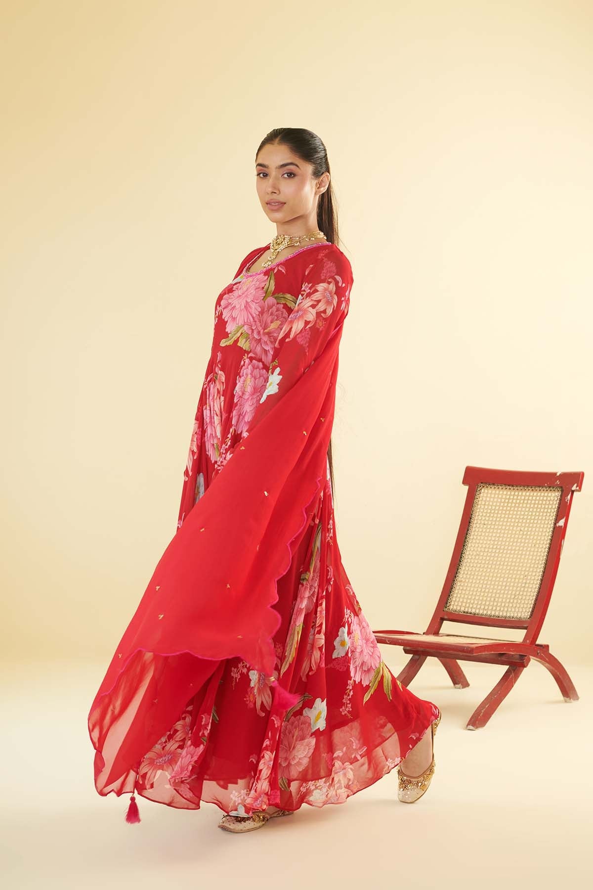 Floral Fiesta Red printed Anarkali with Chooridar and Dupatta- Set of 3