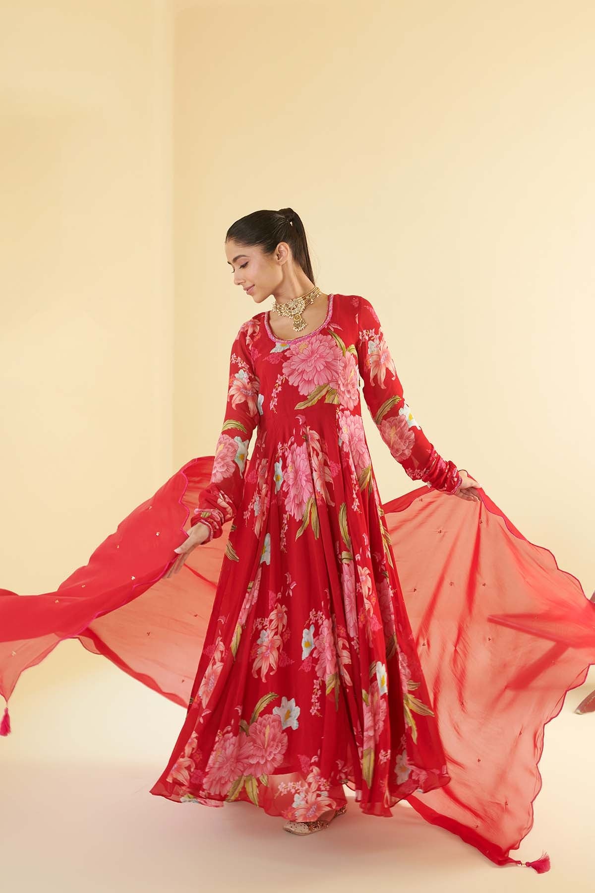 Floral Fiesta Red printed Anarkali with Chooridar and Dupatta- Set of 3