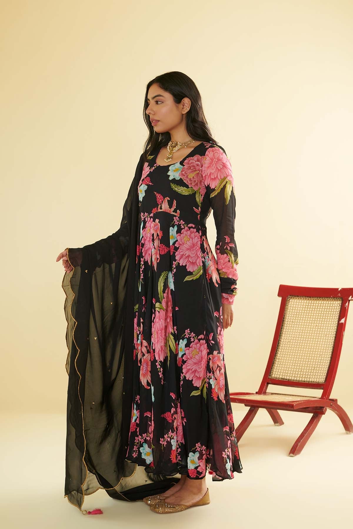 Floral Fiesta Brown printed Anarkali with Chooridar and Dupatta- Set of 3