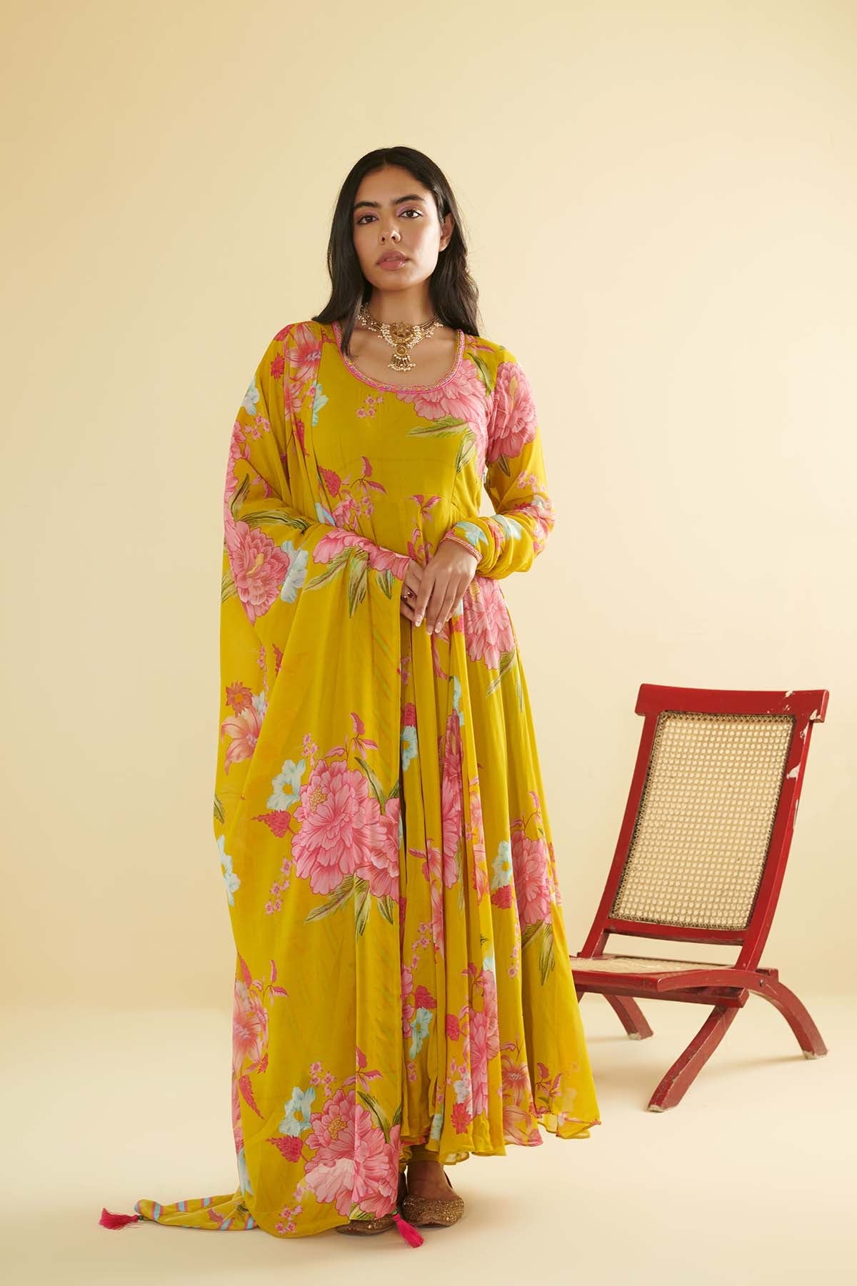 Floral Fiesta Lime Green printed Anarkali with Chooridar and Dupatta- Set of 3