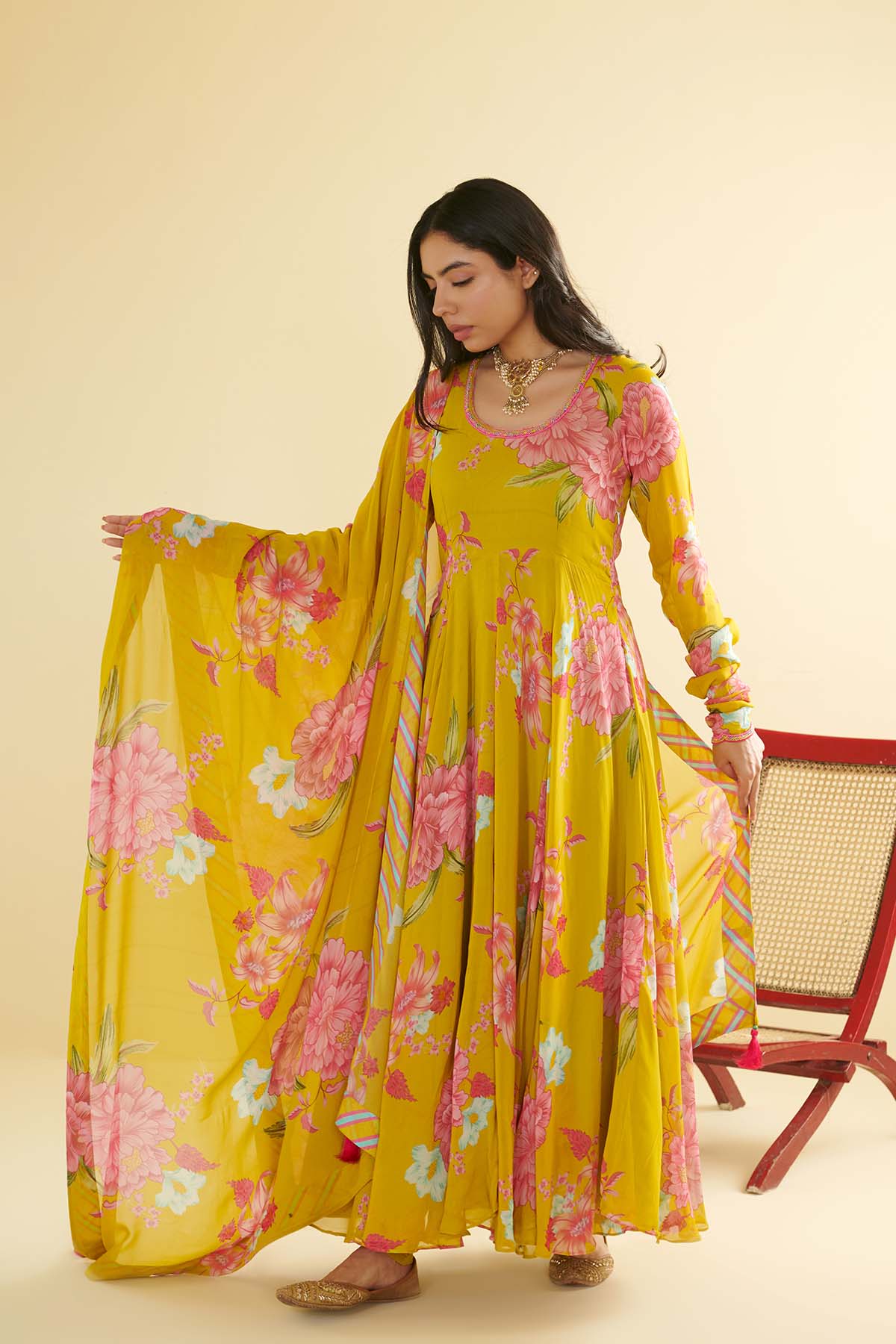 Floral Fiesta Lime Green printed Anarkali with Chooridar and Dupatta- Set of 3
