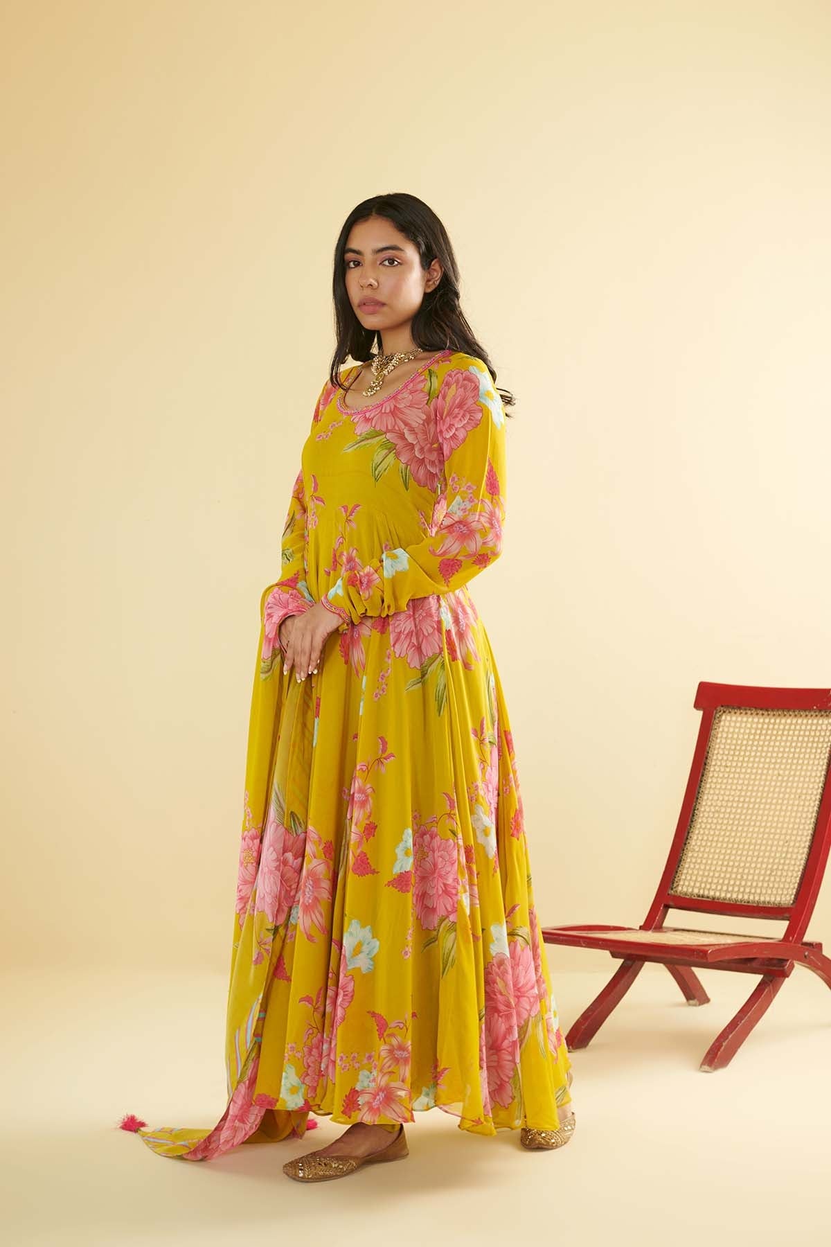 Floral Fiesta Lime Green printed Anarkali with Chooridar and Dupatta- Set of 3