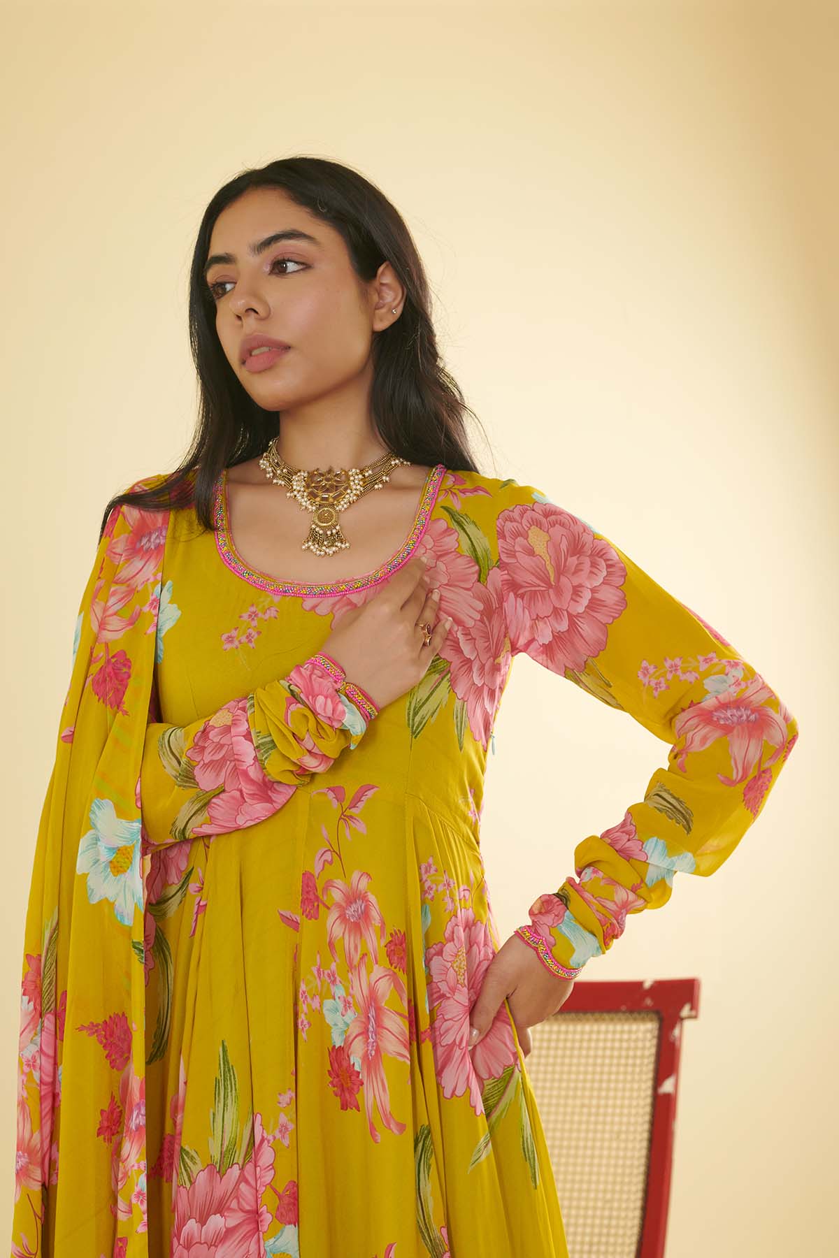 Floral Fiesta Lime Green printed Anarkali with Chooridar and Dupatta- Set of 3