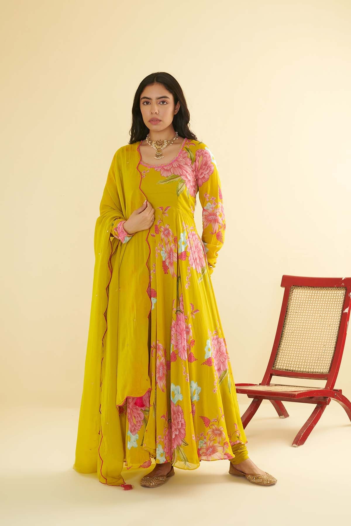 Floral Fiesta Lime Green printed Anarkali with Chooridar and Dupatta- Set of 3