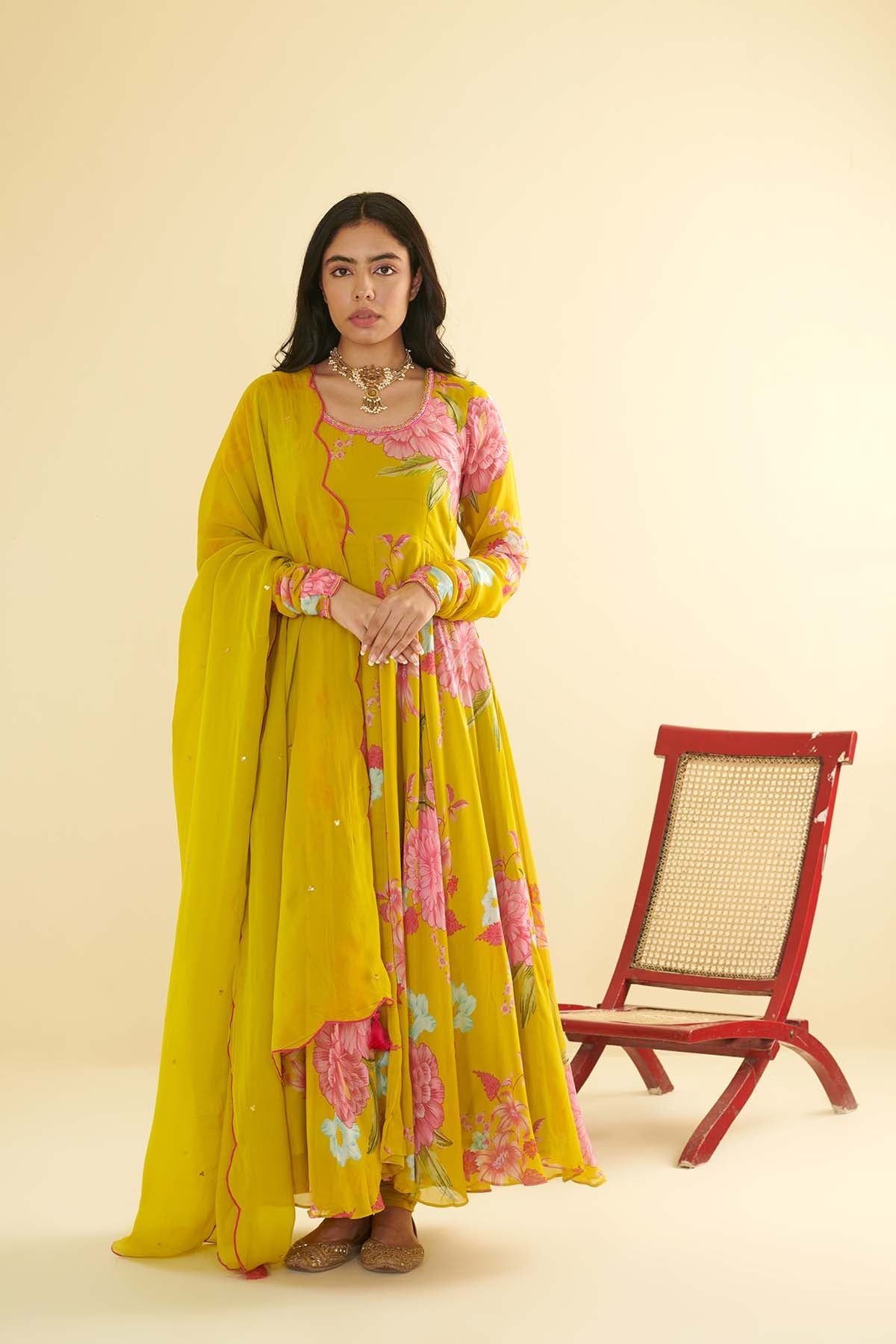 Floral Fiesta Lime Green printed Anarkali with Chooridar and Dupatta- Set of 3