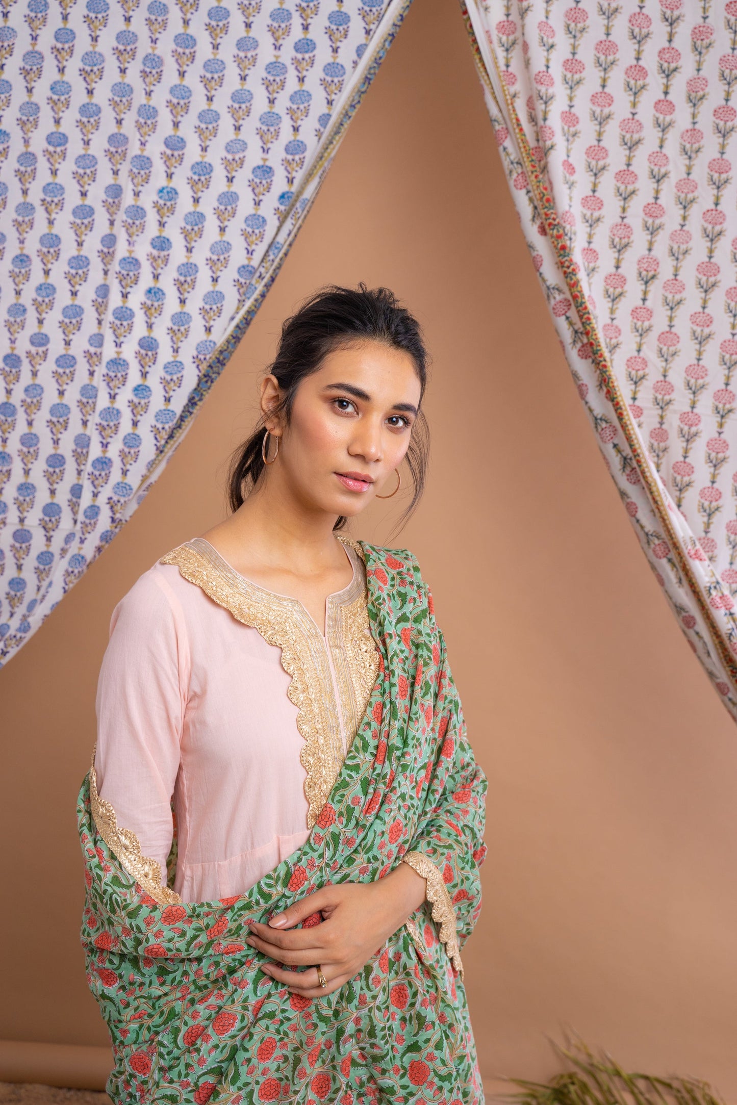 Peach And Green Cotton Anarkali