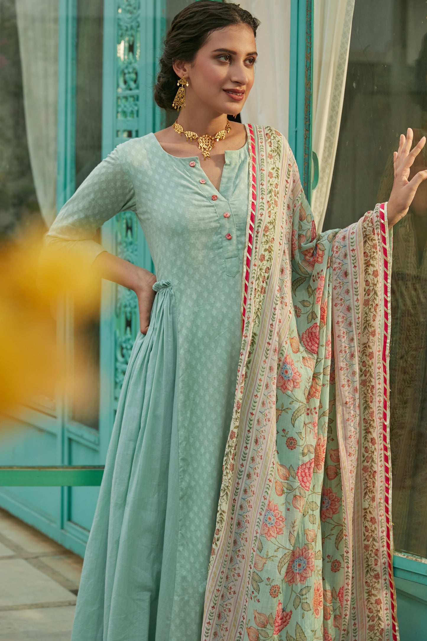 Aqua Marine side gathered Anarkali with Palazzo and Printed Dupatta- set of 3