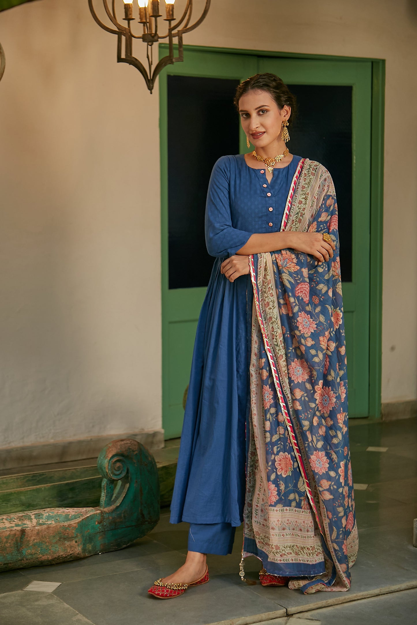 MidNight Blue side gathered Anarkali with Palazzo and Printed Dupatta- set of 3