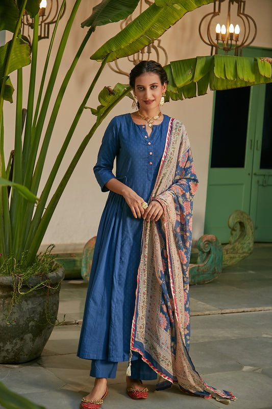 MidNight Blue side gathered Anarkali with Palazzo and Printed Dupatta- set of 3