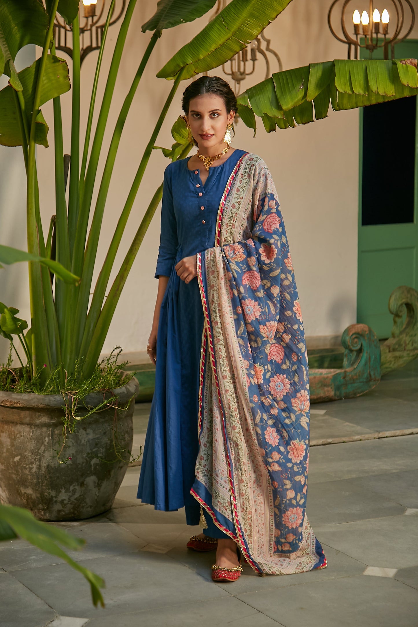 MidNight Blue side gathered Anarkali with Palazzo and Printed Dupatta- set of 3