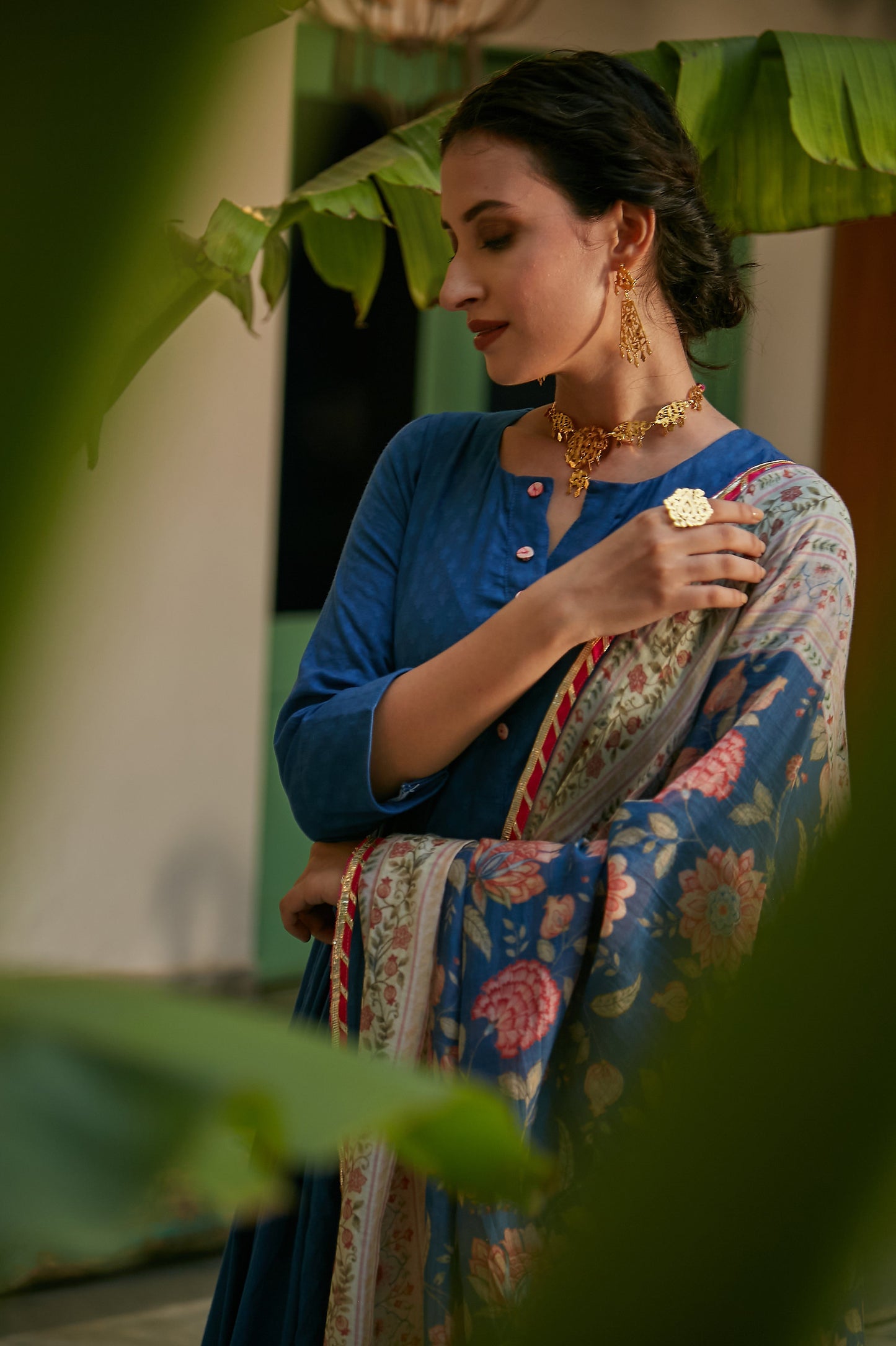 MidNight Blue side gathered Anarkali with Palazzo and Printed Dupatta- set of 3