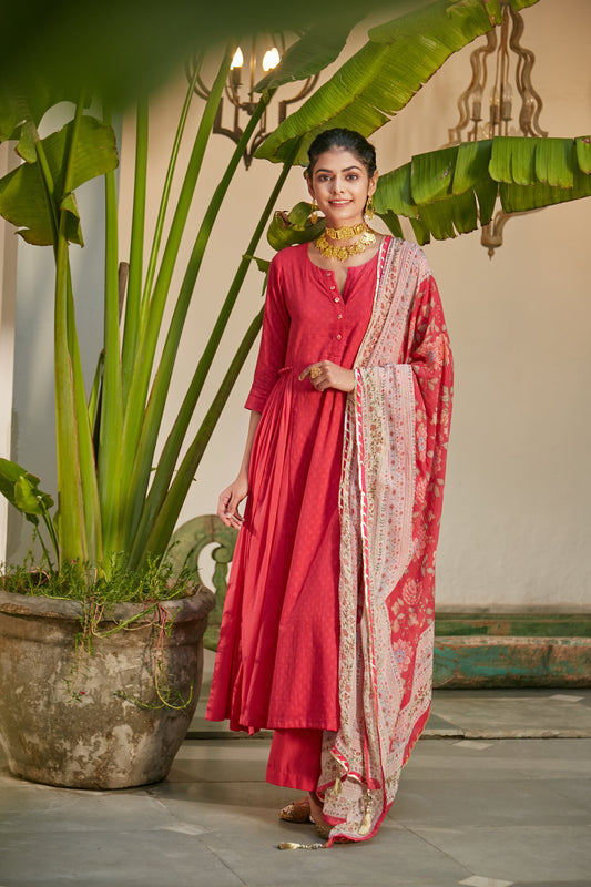 Hot Pink side gathered Anarkali with Palazzo and Printed Dupatta- set of 3
