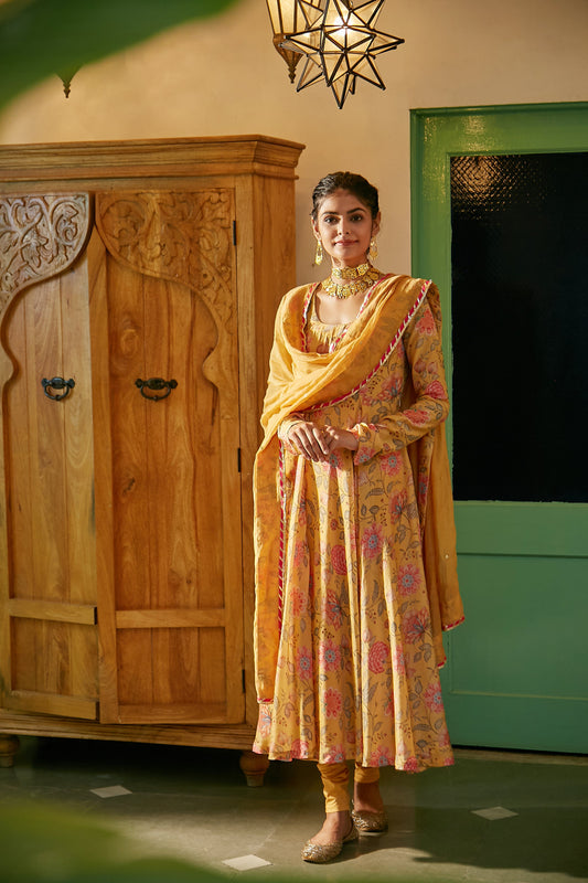 Yellow printed Anarkali with Chooridar and Dupatta- set of 3