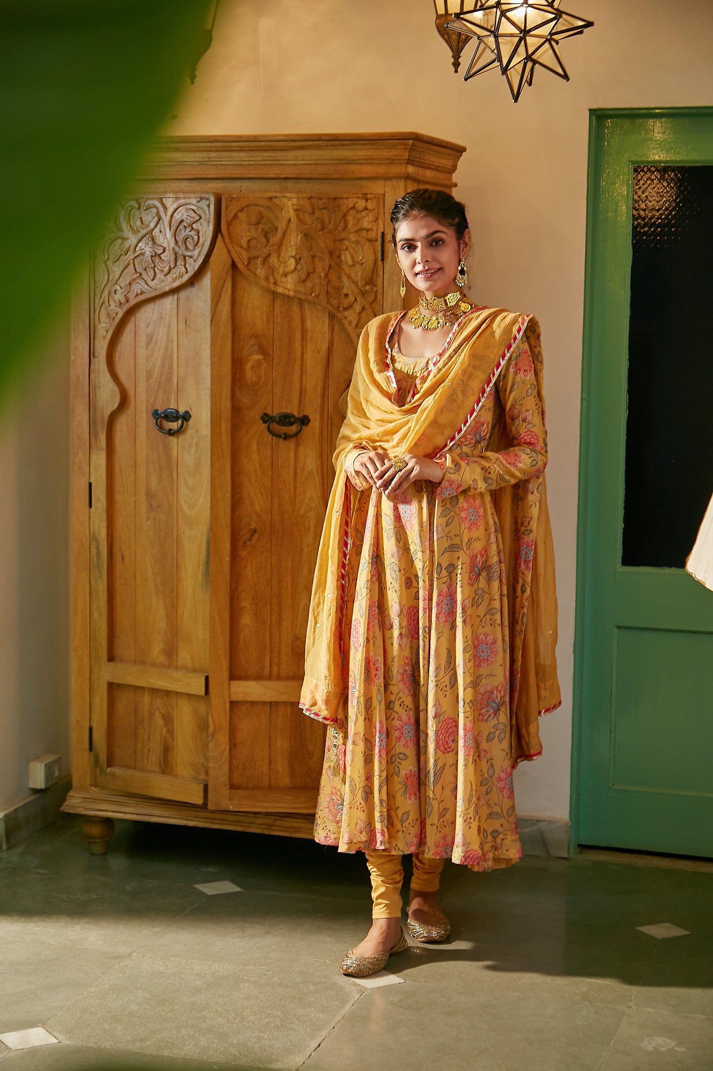 Yellow printed Anarkali with Chooridar and Dupatta- set of 3