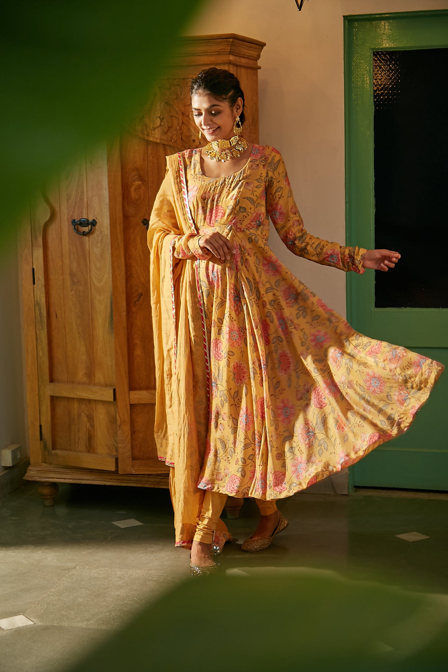 Yellow printed Anarkali with Chooridar and Dupatta- set of 3