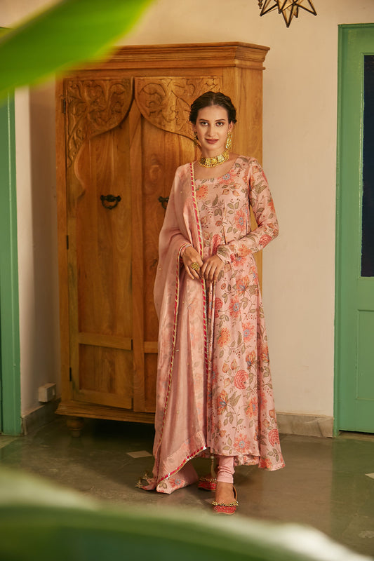 Blush Pink printed Anarkali with Chooridar and Dupatta- set of 3