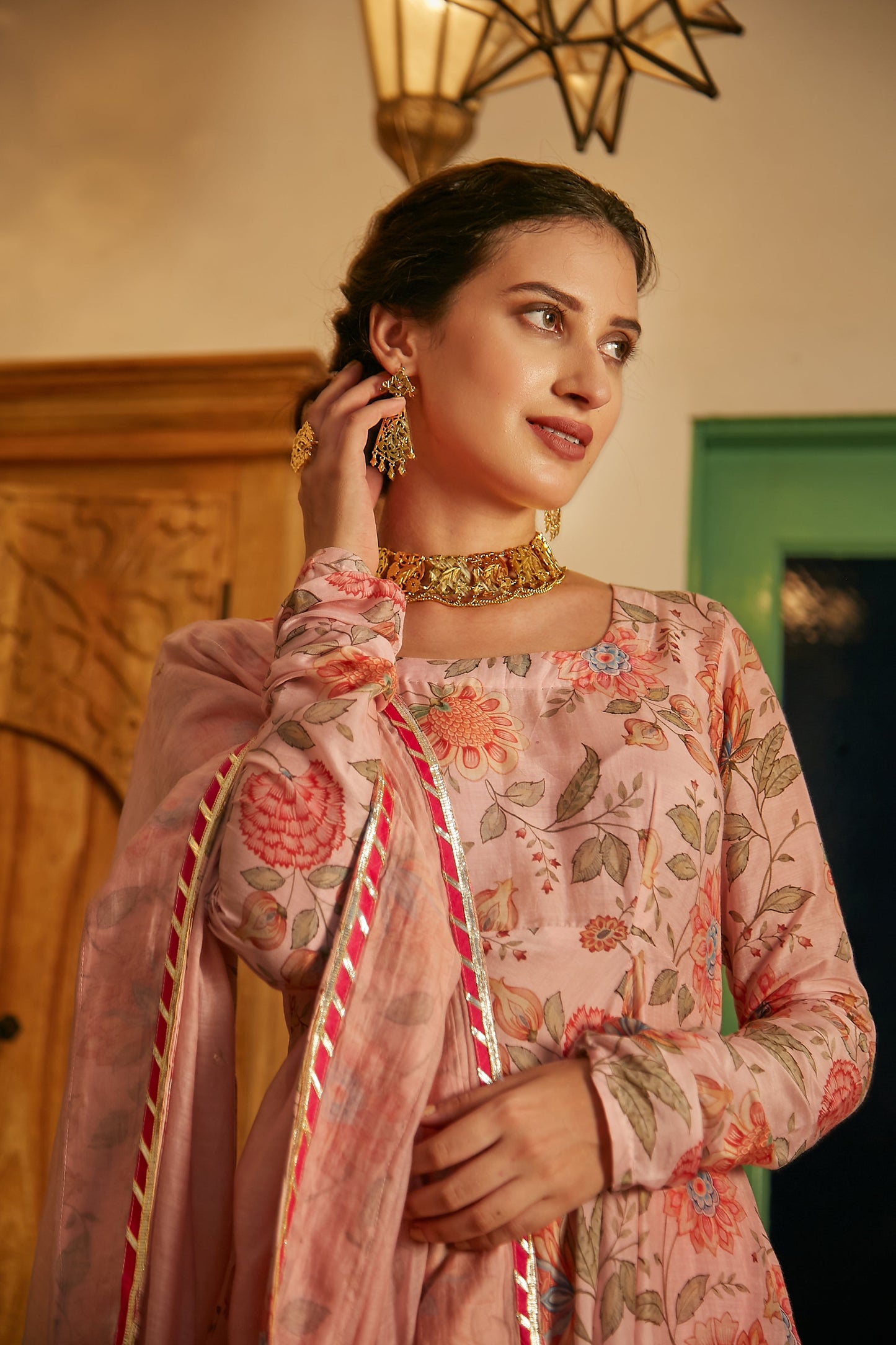 Blush Pink printed Anarkali with Chooridar and Dupatta- set of 3