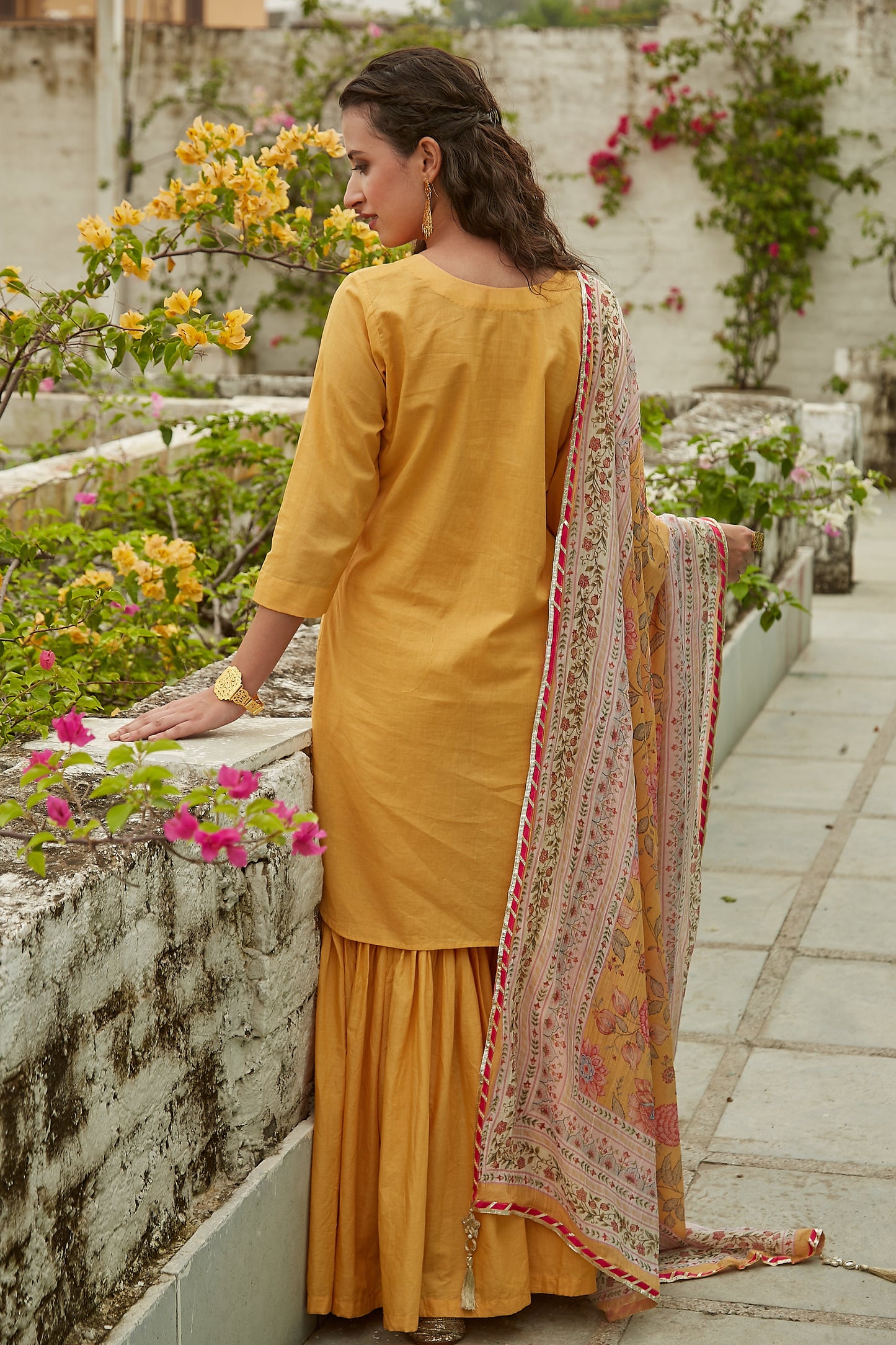 Yellow short kurta with Sharara and Printed Dupatta- set of 3
