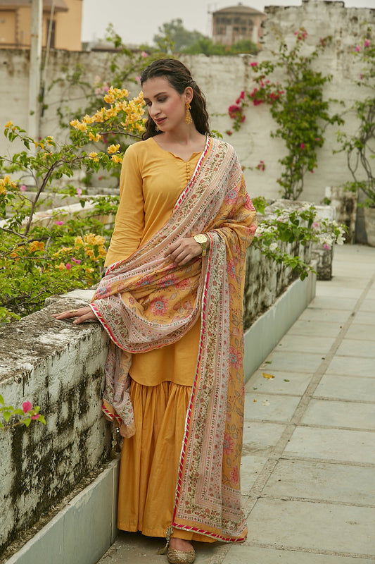 Yellow short kurta with Sharara and Printed Dupatta- set of 3