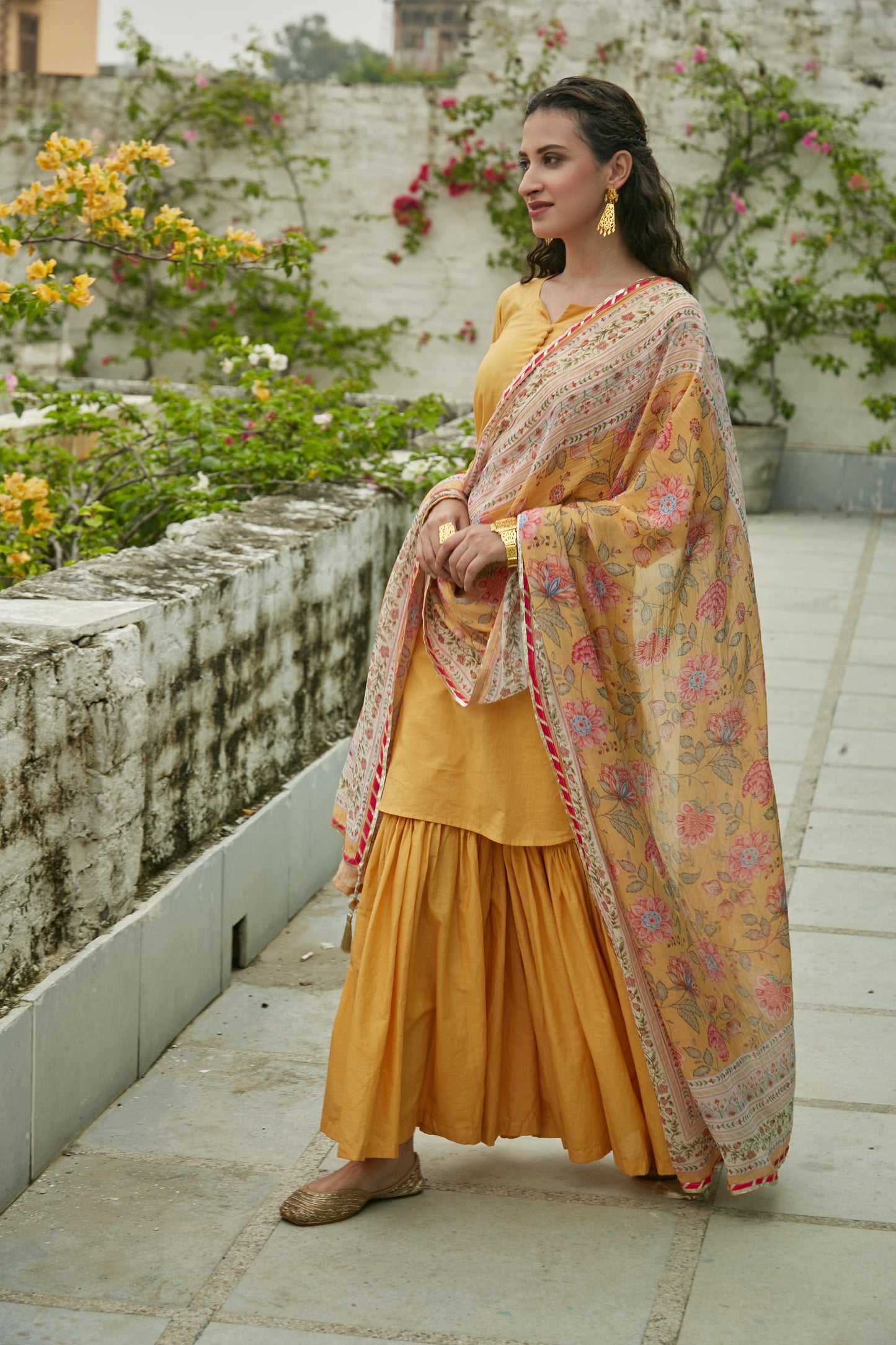 Yellow short kurta with Sharara and Printed Dupatta- set of 3