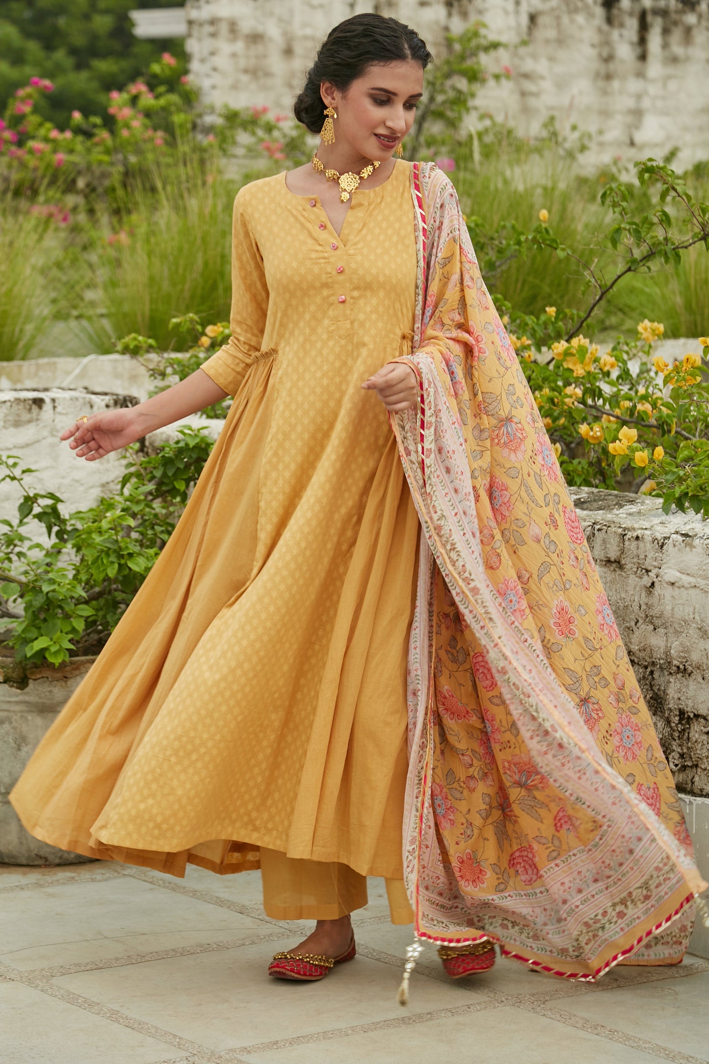 Yellow side gathered Anarkali with Palazzo and Printed Dupatta- set of 3