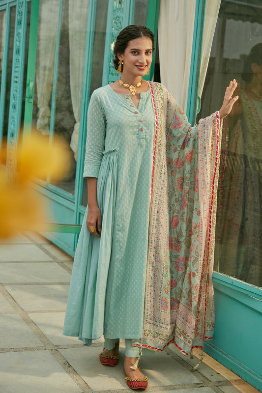 Aqua Marine side gathered Anarkali with Palazzo and Printed Dupatta- set of 3
