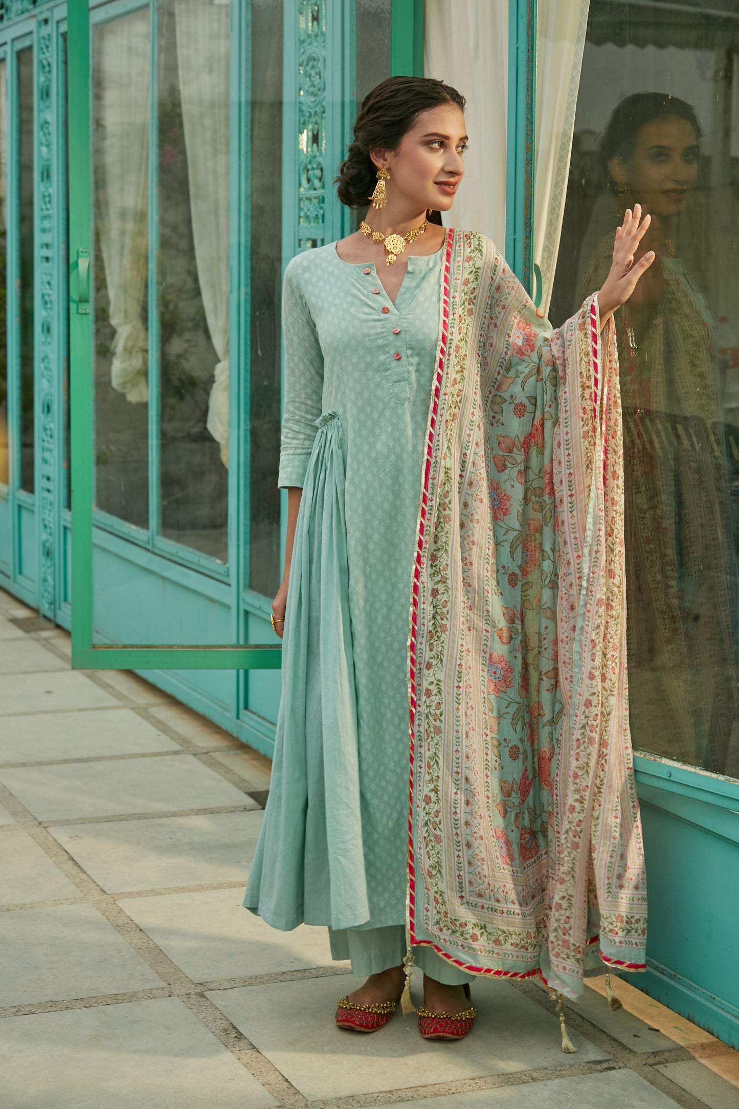 Aqua Marine side gathered Anarkali with Palazzo and Printed Dupatta- set of 3