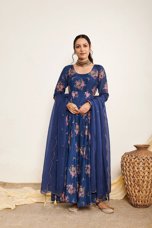 Blue Bahaar printed Anarkali with Chooridar and Dupatta- Set of 3