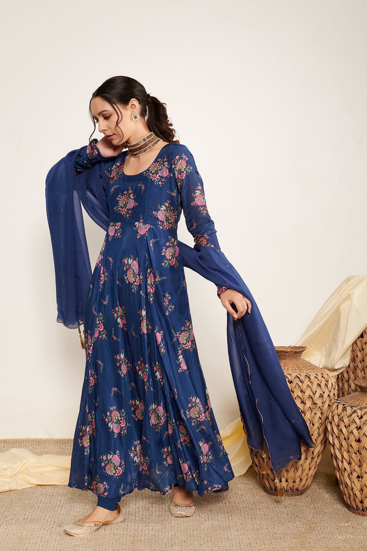 Blue Bahaar printed Anarkali with Chooridar and Dupatta- Set of 3