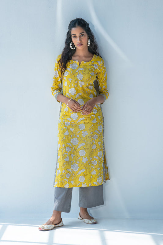 Yellow hand block print kurta with grey palazzo
