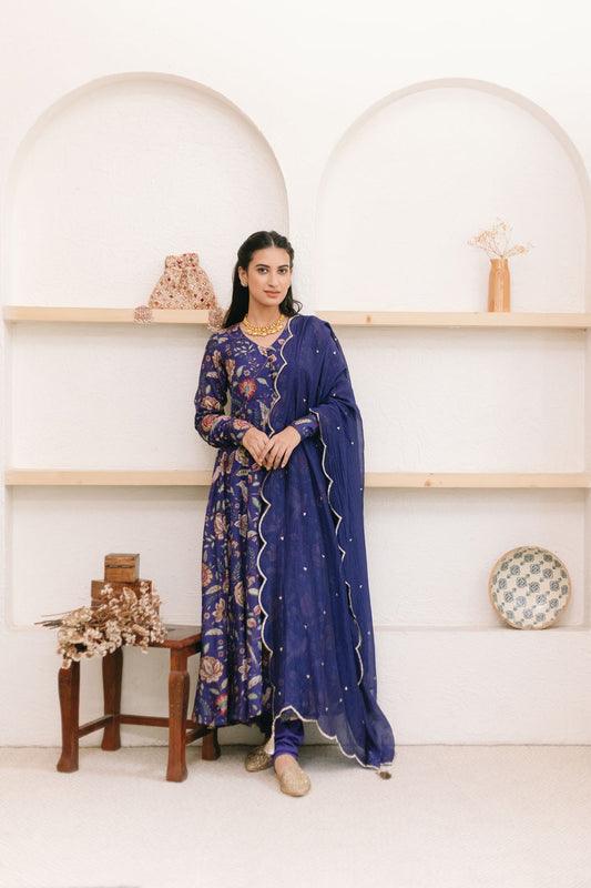 Morocoon Blue printed Anarkali with Chooridar and Dupatta- set of 3